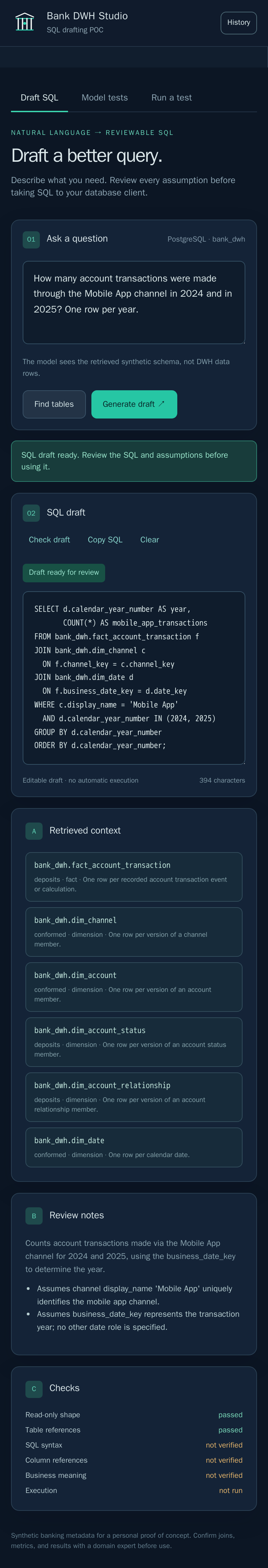 Bank DWH Studio on a phone, drafting SQL for a banking question