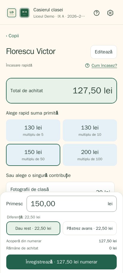 Collecting money from a child on a phone, with change and advance options