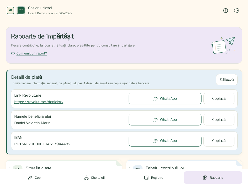 Payment details and reports on a tablet in landscape