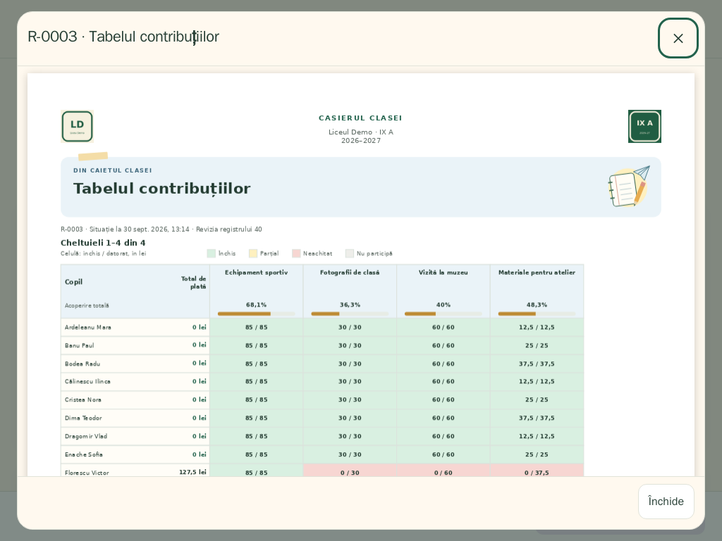 The contributions table previewed as a PDF in the app, on a tablet