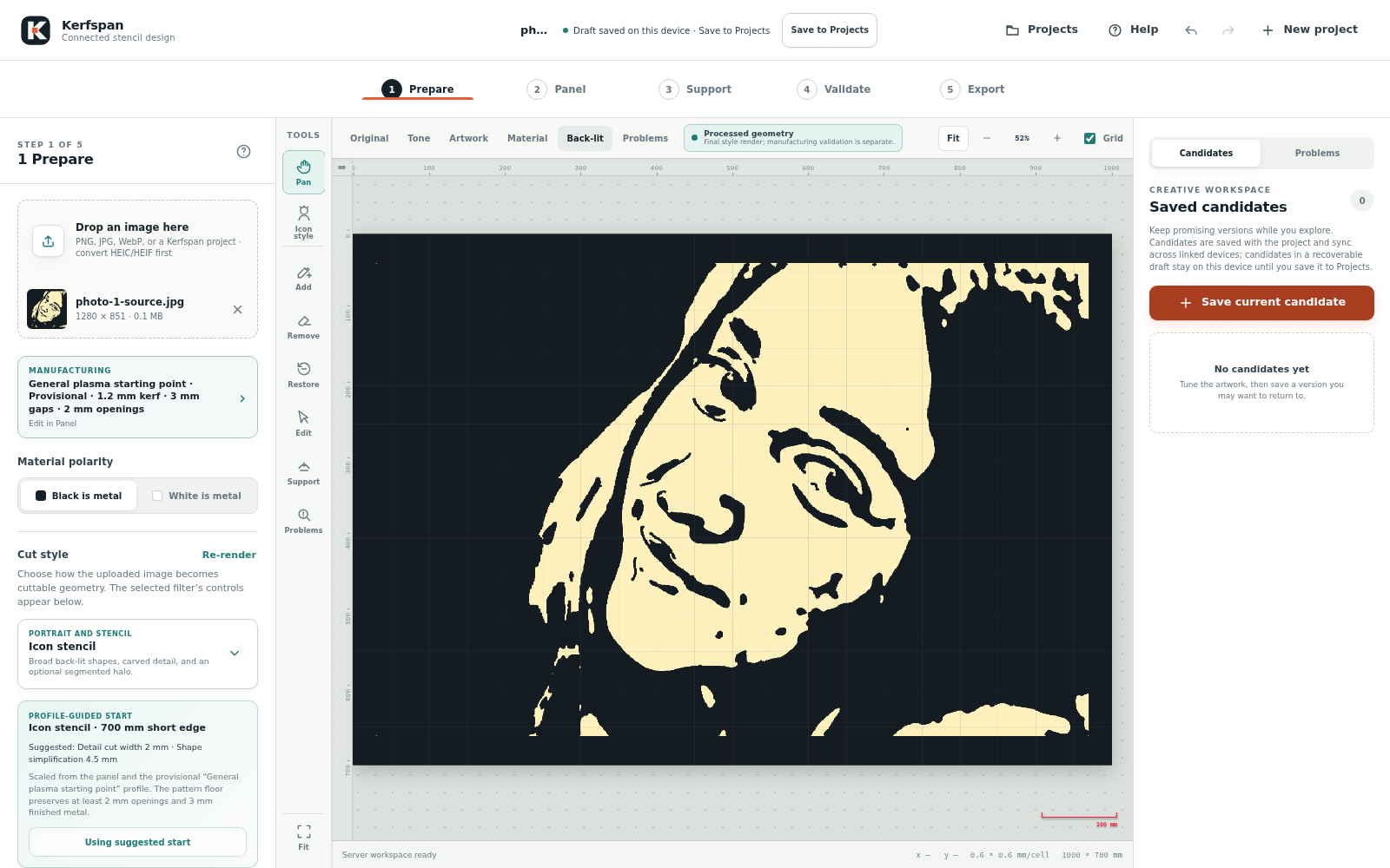 Kerfspan transformă un portret într-un panou icon stencil, arătat iluminat din spate, așa cum ar străluci după tăiere