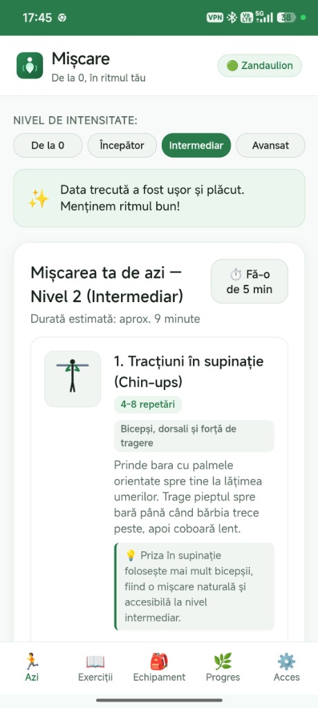 Mișcarea Ta de Azi — Sesiune Zilnică & Niveluri