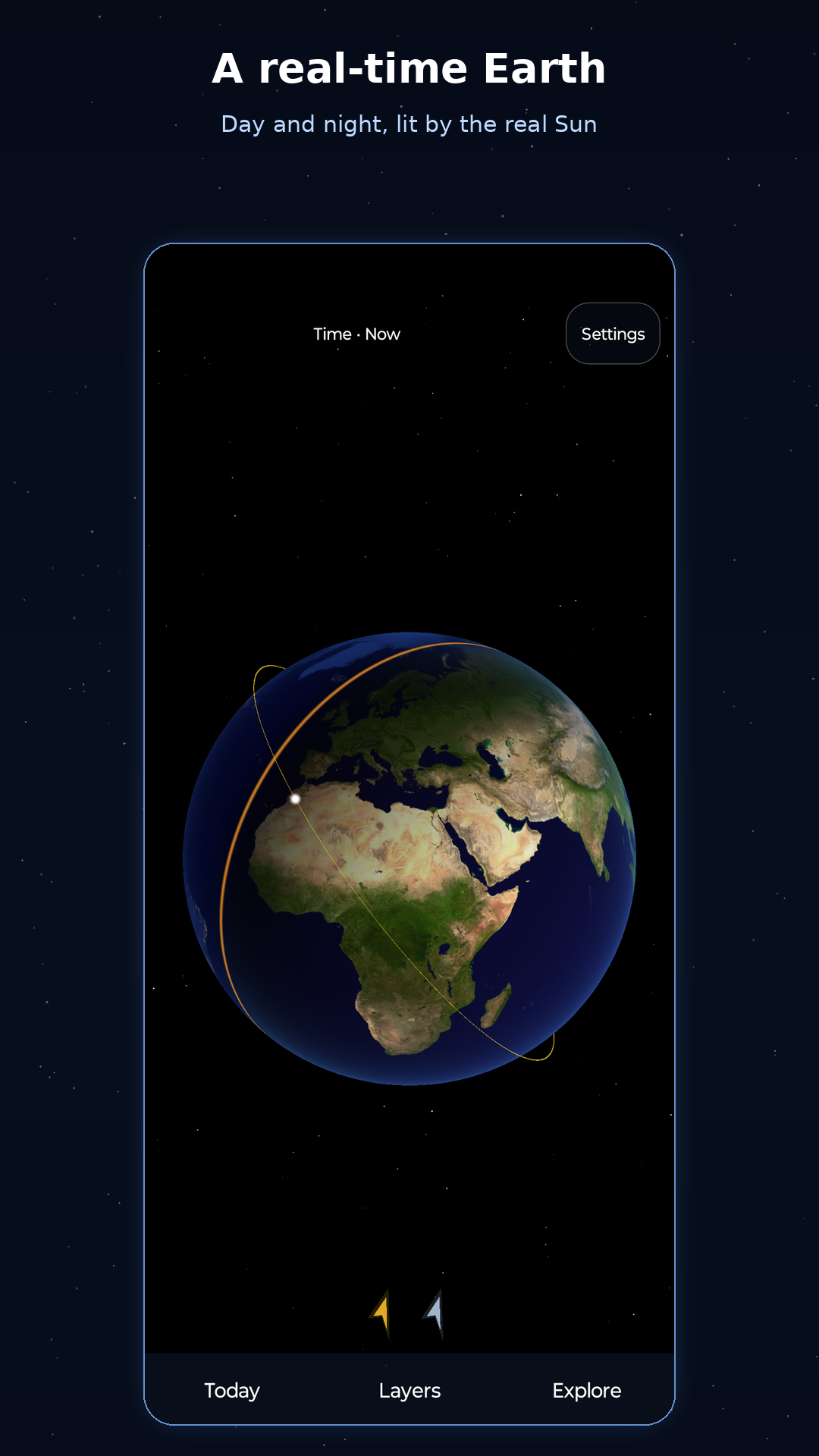 A real-time Earth, with day and night lit by the real Sun