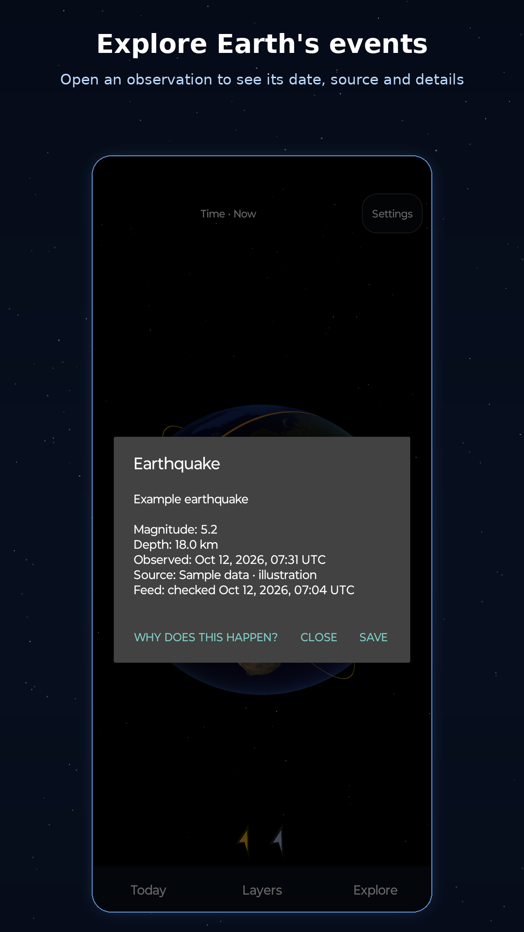 An example earthquake card with its magnitude, depth, observation time, and source