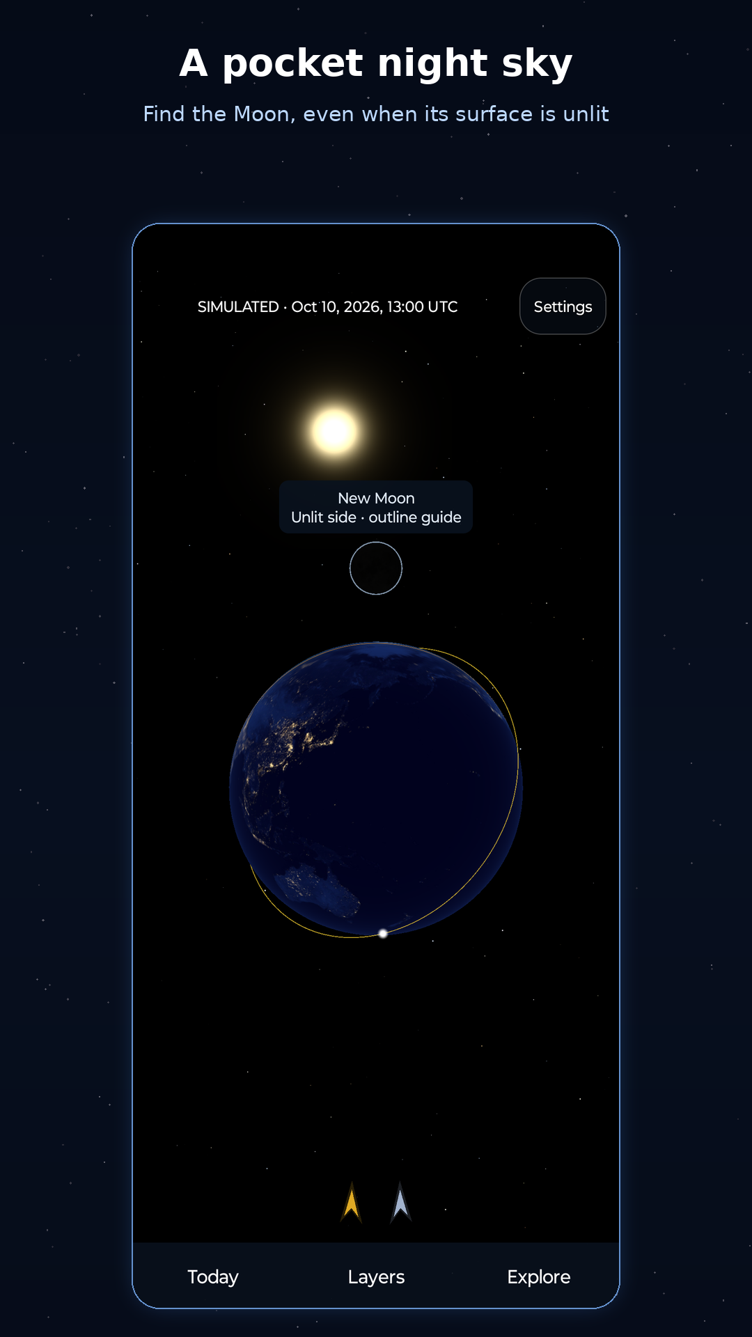 An unlit new Moon shown by its outline guide, above Earth's night side