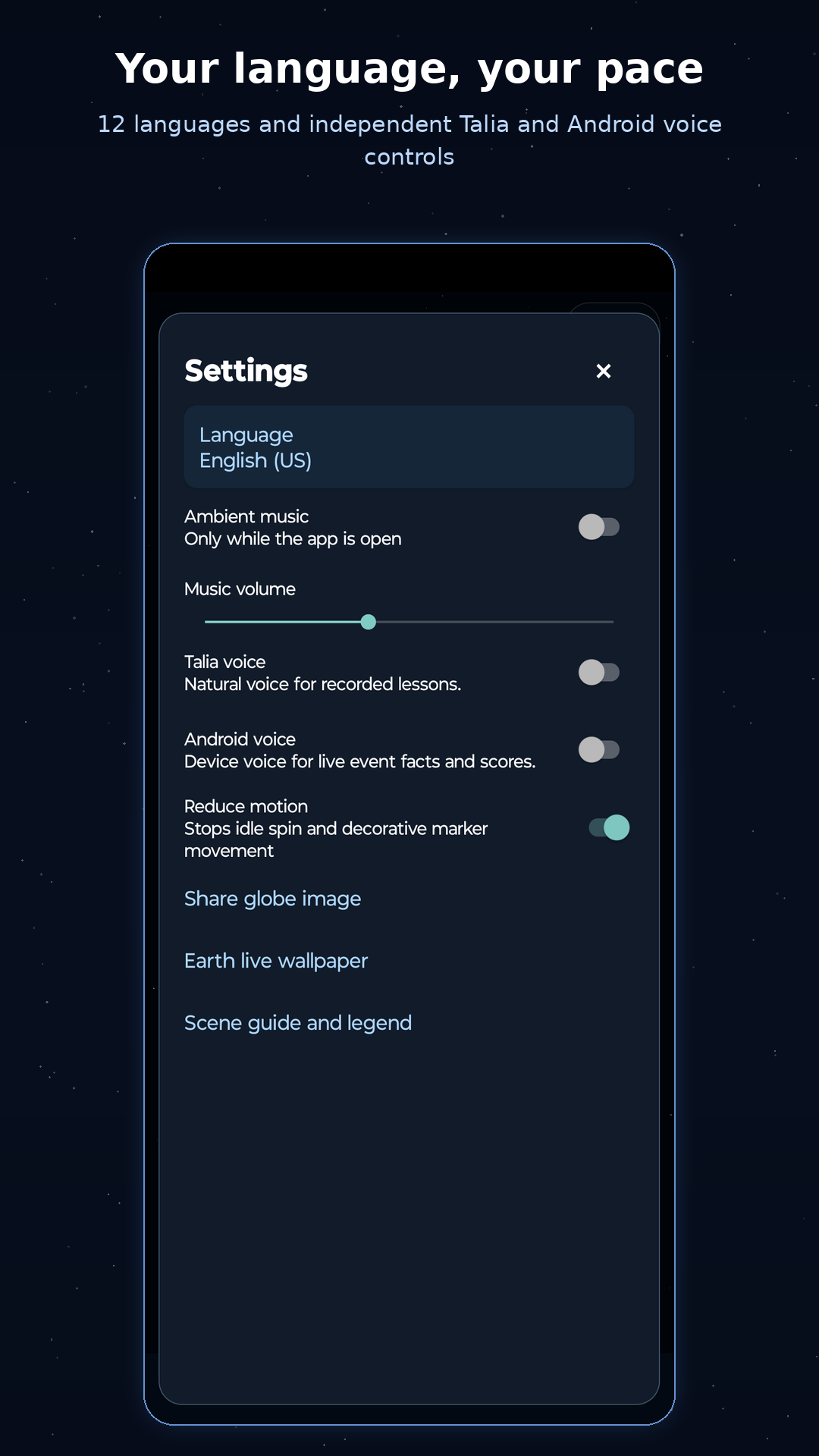 Settings with the language picker and separate Talia and Android voice switches
