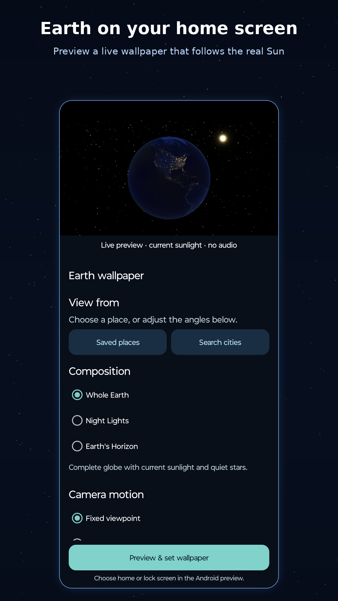 Setting up the Earth live wallpaper from a saved place or a city search