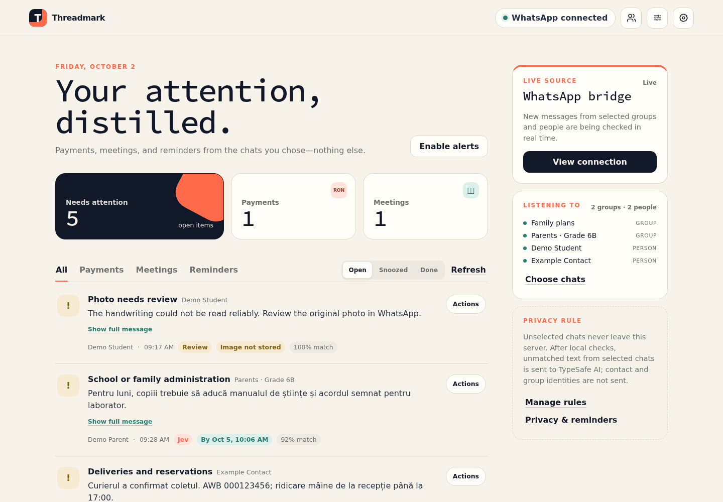 The attention inbox, with open items, payments, meetings, and the chats being followed