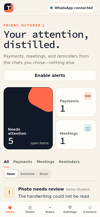 The inbox on a phone, with the open items, payments, and meetings