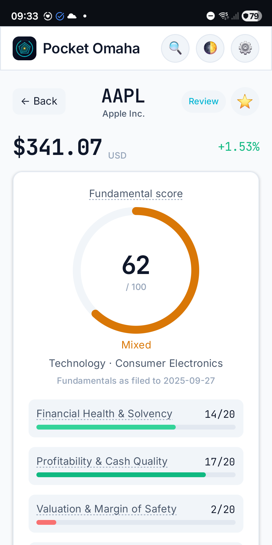 Die Research-Übersicht zu Apple mit Fundamental-Score und fünf Kategorie-Scores