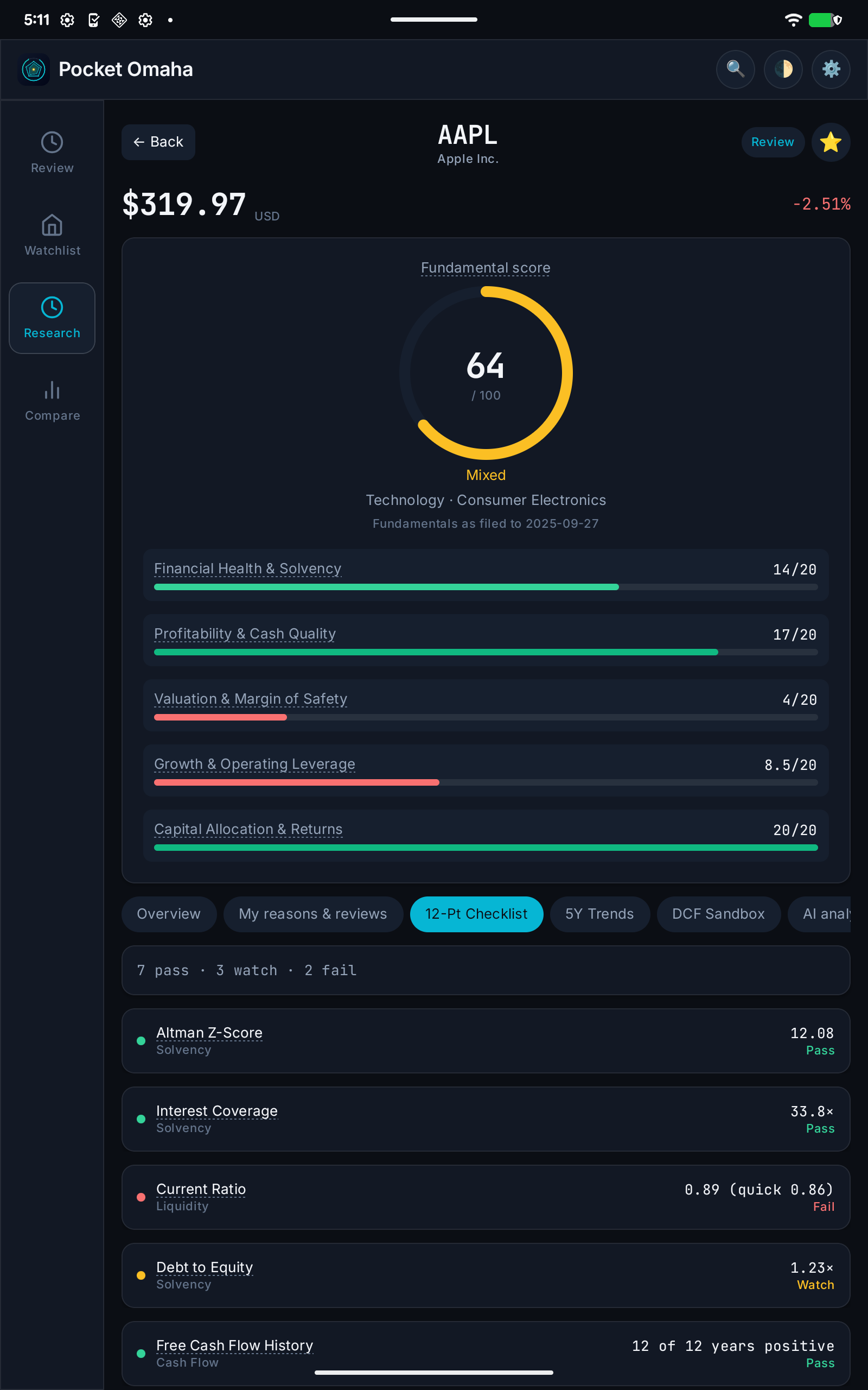 Apple's checklist with seven pass, three watch, and two fail results