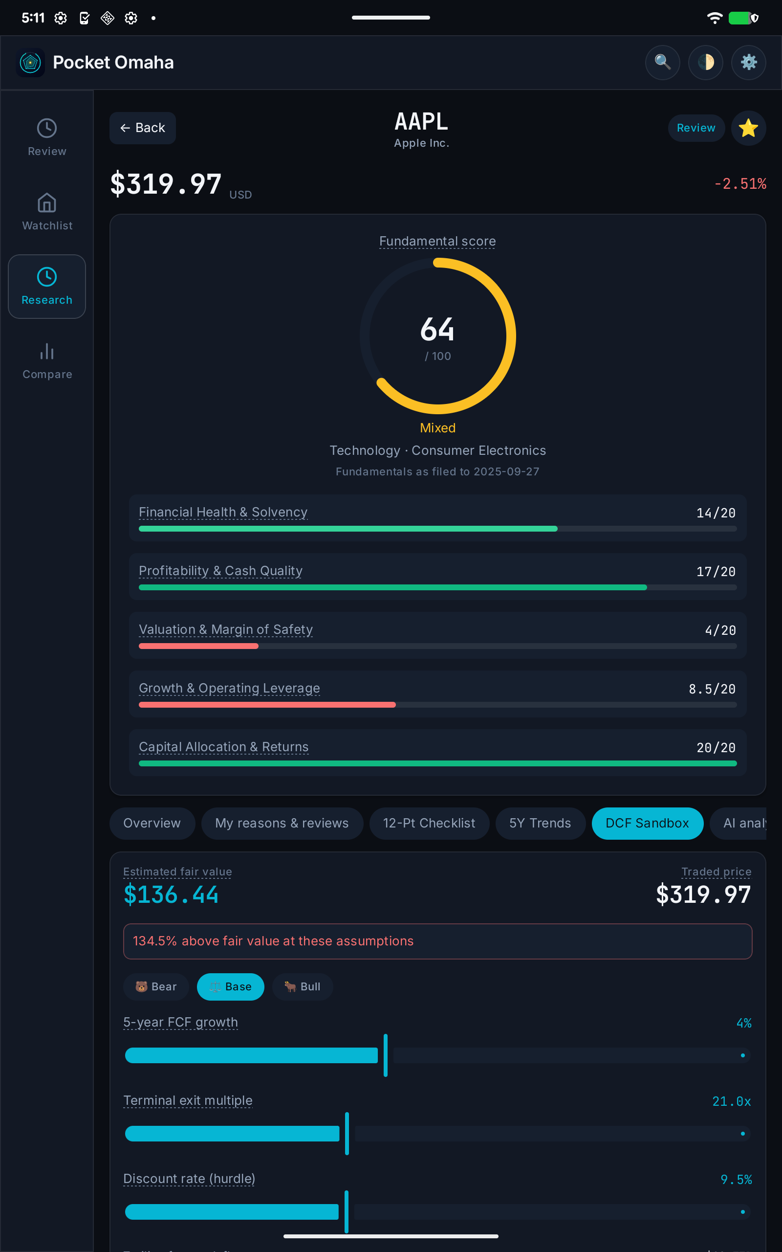 Apple's DCF sandbox with a fair-value estimate beside the share price and editable scenarios